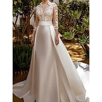 Formal Wedding Dresses A-Line V Neck 34 Length Sleeve Court Train Satin Bridal Gowns With Pleats Solid Color 2023 Lightinthebox - thumbnail