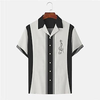 Men's Shirt Summer Hawaiian Shirt Striped Graphic Prints Music Guitar Cuban Collar Black Casual Hawaiian Short Sleeve Button-Down Print Clothing Apparel Sports Fashion Streetwear Designer miniinthebox