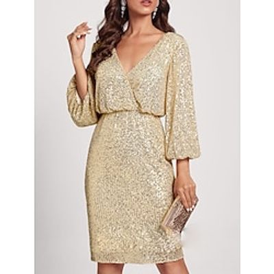 Women's Party Dress Sequin Dress Cocktail Dress Midi Dress Champagne 34 Length Sleeve Pure Color Sequins Spring Fall Winter V Neck Fashion Winter Dress Wedding Guest Vacation 2023 S M L XL Lightinthebox