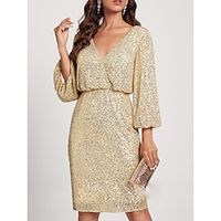Women's Party Dress Sequin Dress Cocktail Dress Midi Dress Champagne 34 Length Sleeve Pure Color Sequins Spring Fall Winter V Neck Fashion Winter Dress Wedding Guest Vacation 2023 S M L XL Lightinthebox - thumbnail