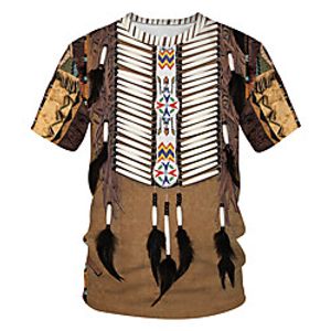 Men's T shirt Shirt Solid Colored Tribal 3D Patchwork Print Short Sleeve Daily Tops Basic Streetwear Round Neck Khaki miniinthebox