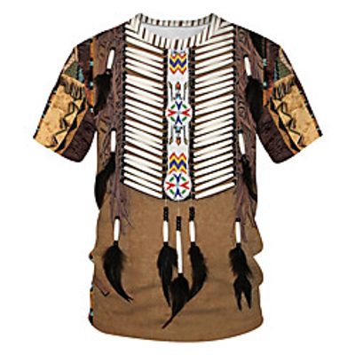 Men's T shirt Shirt Solid Colored Tribal 3D Patchwork Print Short Sleeve Daily Tops Basic Streetwear Round Neck Khaki miniinthebox