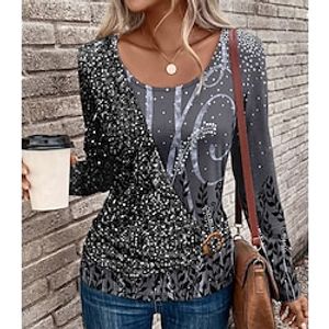 Floral Painting Women's T shirt Tee Floral Sparkly Black Sequins Print Long Sleeve Party Weekend Fashion Round Neck Regular Fit Spring   Fall Lightinthebox