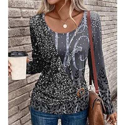 Floral Painting Women's T shirt Tee Floral Sparkly Black Sequins Print Long Sleeve Party Weekend Fashion Round Neck Regular Fit Spring   Fall Lightinthebox