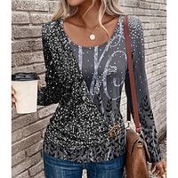 Floral Painting Women's T shirt Tee Floral Sparkly Black Sequins Print Long Sleeve Party Weekend Fashion Round Neck Regular Fit Spring   Fall Lightinthebox - thumbnail