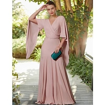 A-Line Mother of the Bride Dress Formal Wedding Guest Elegant V Neck Floor Length Chiffon Long Sleeve with Pleats 2023 Lightinthebox