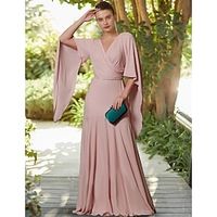 A-Line Mother of the Bride Dress Formal Wedding Guest Elegant V Neck Floor Length Chiffon Long Sleeve with Pleats 2023 Lightinthebox - thumbnail
