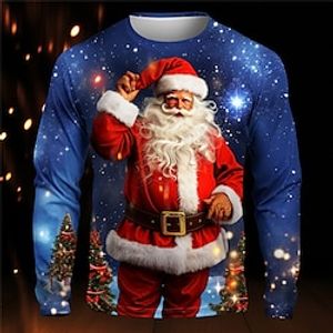 Graphic Santa Claus Fashion Designer Casual Men's 3D Print T shirt Tee Sports Outdoor Holiday Going out Christmas T shirt Black Blue Dark Blue Long Sleeve Crew Neck Shirt Spring   Fall Clothing Lightinthebox
