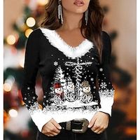 Women's Shirt Blouse Christmas Shirt Black Red Blue Snowman Christmas Tree Snowflake Print Long Sleeve Party Christmas Casual Festival / Holiday Print Fur collar V Neck Regular Fit Fall  Winter miniinthebox - thumbnail