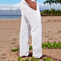 Men's Linen Pants Trousers Summer Pants Beach Pants Drawstring Elastic Waist Straight Leg Plain Comfort Outdoor Casual Daily Linen / Cotton Blend Basic Streetwear Black White miniinthebox - thumbnail