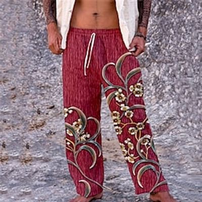 Men's Trousers Beach Pants Drawstring Elastic Waist 3D Print Graphic Prints Flower  Floral Comfort Casual Daily Holiday Streetwear Designer Red Coffee Lightinthebox