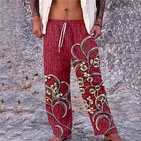 Men's Trousers Beach Pants Drawstring Elastic Waist 3D Print Graphic Prints Flower  Floral Comfort Casual Daily Holiday Streetwear Designer Red Coffee Lightinthebox - thumbnail
