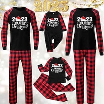 Family Christmas Pajamas Plaid Letter Home Print Red Long Sleeve Mommy And Me Outfits Active Matching Outfits miniinthebox