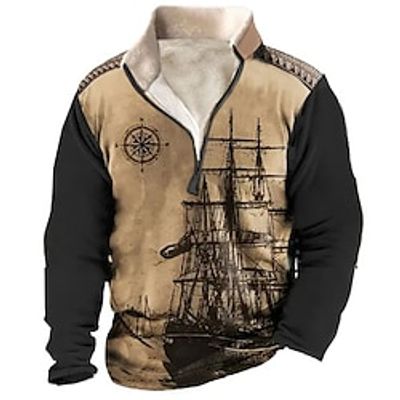 Graphic Nautical Compass Daily Basic Casual Men's 3D Print Sweatshirt Zip Sweatshirt Holiday Vacation Going out Sweatshirts Blue Green Khaki Quarter Zip Print Fleece Fall  Winter Designer Lightinthebox