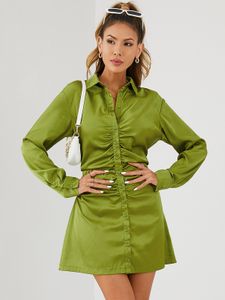 YOINS Button Front Ruched Satin Long sleeves Mini Dress