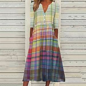 Women's Casual Dress Shift Dress Plaid Dress Long Dress Maxi Dress Yellow 34 Length Sleeve Plaid Button Fall Spring Autumn V Neck Loose Fit 2022 S M L XL XXL 3XL Lightinthebox