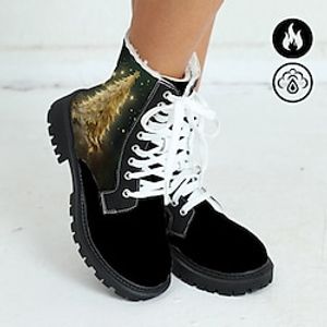 Women's Boots Print Shoes Plus Size Lace Up Boots Outdoor Christmas Xmas Christmas Tree Fleece Lined Mid Calf Boots Winter Flat Heel Round Toe Closed Toe Fashion Plush Casual Cloth Zipper Lace-up miniinthebox