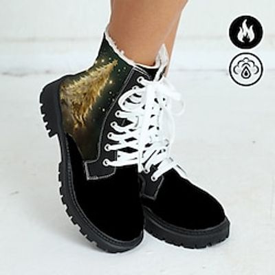 Women's Boots Print Shoes Plus Size Lace Up Boots Outdoor Christmas Xmas Christmas Tree Fleece Lined Mid Calf Boots Winter Flat Heel Round Toe Closed Toe Fashion Plush Casual Cloth Zipper Lace-up Lightinthebox