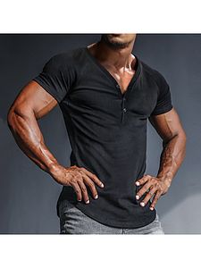 Men's Casual Slim Short Sleeve T-Shirt Sports Fitness Running Henley V Neck Top