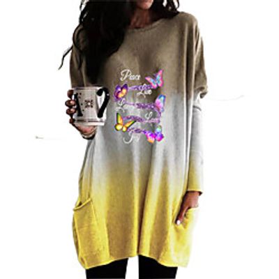 Women's Shift Dress Short Mini Dress Purple Blushing Pink Khaki Green Black Long Sleeve Color Gradient Butterfly Letter Pocket Print Fall Winter Round Neck Casual Christmas Batwing Sleeve 2021 S M L Lightinthebox