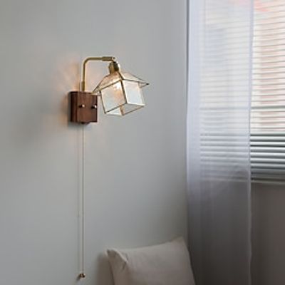 Modern Wall Lamp Sconce with Pull Cord Switch Indoor Bedside Wall Light E27 Base Square Glass Shade Wall Lamp Bedroom Living Room Metal Lighting Fixture Adjustable Lamp Body, Brass Finish Lightinthebox