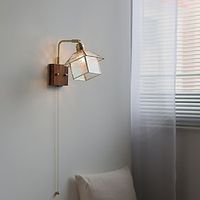 Modern Wall Lamp Sconce with Pull Cord Switch Indoor Bedside Wall Light E27 Base Square Glass Shade Wall Lamp Bedroom Living Room Metal Lighting Fixture Adjustable Lamp Body, Brass Finish Lightinthebox - thumbnail