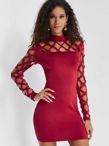 Burgundy Bodycon Round Neck Hollow Design Mini Dress