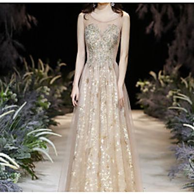 A-Line Sparkle Floral Prom Formal Evening Dress Illusion Neck Sleeveless Floor Length Tulle with Pleats Embroidery 2021 Lightinthebox