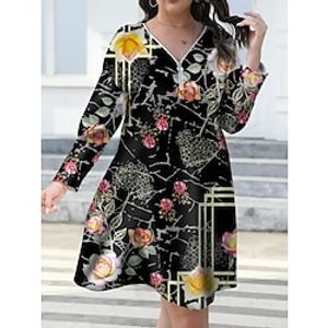 Women's Plus Size Curve Casual Dress Winter Dress Floral Mini Dress Long Sleeve Print V Neck Fashion Outdoor Black Fall Winter L XL 2XL 3XL 4XL Lightinthebox