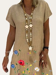 Fashion V-neck cotton and linen printed midi skirt