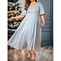 Women's Plus Size Sequin Dress Prom Dress Party Dress Long Dress Maxi Dress Gray Half Sleeve Pure Color Glitter Spring Fall Winter V Neck Fashion Winter Dress Christmas Wedding Guest 2023 L XL XXL Lightinthebox - thumbnail