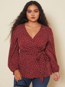 Plus Size V-neck Polka Dot Belt Design Wrap Design Long Sleeves Blouse