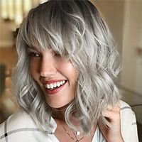 Wavy Bob Wig with Bangs Natural Blue Wig Synthetic Hair Shoulder Length Short Curly Wigs for Women miniinthebox - thumbnail