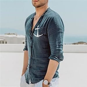 Men's Shirt Hot Stamping Graphic Patterned Anchor Collar Street Casual Button-Down Print Long Sleeve Tops Designer Casual Fashion Breathable Blue  Summer Lightinthebox