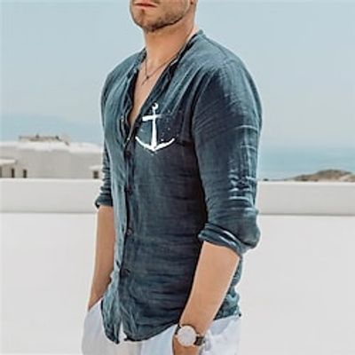 Men's Shirt Hot Stamping Graphic Patterned Anchor Collar Street Casual Button-Down Print Long Sleeve Tops Designer Casual Fashion Breathable Blue  Summer Lightinthebox