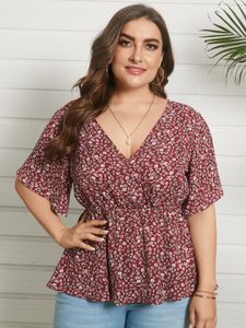 YOINS Plus Size V-neck Calico Wrap Design Short Sleeves Blouse