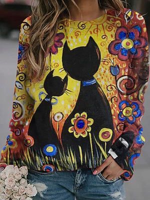 Round Neck Casual Loose Floral Cat Print Sweatshirt
