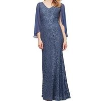 Sheath  Column Mother of the Bride Dress Wedding Guest Elegant V Neck Ankle Length Chiffon Lace 34 Length Sleeve with Sequin Ruching Solid Color 2023 Lightinthebox - thumbnail