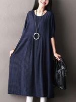 O-NEWE Casual Women Loose Plaid Pockets Half Sleeve Dress