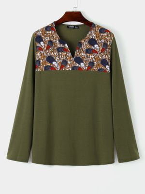 YOINS BASICS Men Casual Tribal Print Ethnic Style V-neck Spliced Long Sleeve T-Shirt