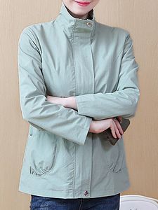 Band Collar Slit Pocket Zips Decorative Button Plain Long Sleeve Trench Coats