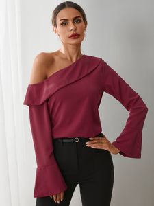 YOINS Burgundy One Shoulder Long Sleeves Blouse