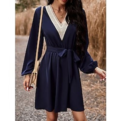 Women's Casual Dress Midi Dress Lace up Street Daily Vacation Streetwear V Neck Long Sleeve Regular Fit Black Light Green Wine Color S M L XL Size Lightinthebox