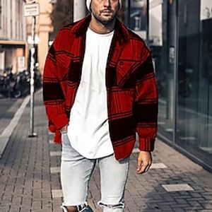 Men's Flannel Shirt Overshirt Shirt Jacket Durable Casual  Daily Vacation To-Go Single Breasted Warm Ups Comfort Leisure Jacket Outerwear Grid Plaid Pocket Red White Winter Lightinthebox