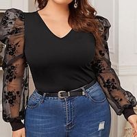 Women's Plus Size Tops Blouse Shirt Plain Mesh Long Sleeve V Neck Streetwear Daily Back to School Polyester Spring Summer Black miniinthebox - thumbnail