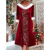 Women's Winter Dress Christmas Dress Velvet Dress Midi Dress Patchwork Fake two piece Christmas Daily Date Fashion Modern V Neck Long Sleeve 2023 Regular Fit Wine Color S M L XL XXL Size miniinthebox - thumbnail