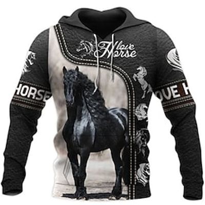 Men's Hoodie Pullover Hoodie Sweatshirt Black Hooded Horse Graphic Prints Print Casual Daily Sports 3D Print Plus Size Sportswear Casual Big and Tall Spring   Fall Clothing Apparel Hoodies miniinthebox