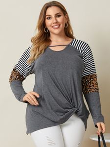 YOINS Plus Size Round Neck Striped Twist Cut Out Long Sleeves Tee