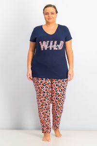 Womens Puls Size Printed Top And Pajama Set  Coral/Red/Navy