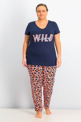 Womens Puls Size Printed Top And Pajama Set  Coral/Red/Navy